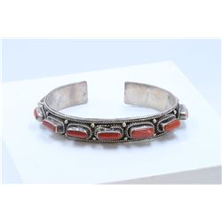 Sterling Silver .925 red coral cuff bangel 44.54 gram