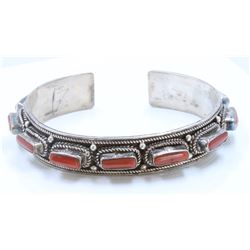 Sterling Silver .925 Red coral Cuff Bangle 44.26 gram