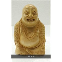 wooden sitting laughing buddha