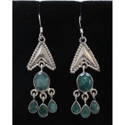 Sterling Silver .925 Vintage  Emerald gem stone  13.14gram  Dangle Earrings