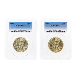 Set of 1942 & 1942-S Walking Liberty Half Dollar Coins PCGS MS64