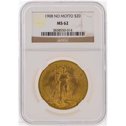 1908 NM $20 St. Gaudens Double Eagle Gold Coin NGC Graded MS62