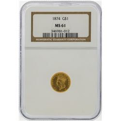 1874 $1 Indian Princess Head Gold Dollar Coin NGC MS61
