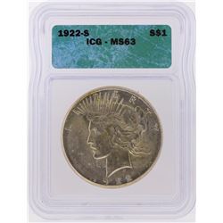 1922-S $1 Peace Silver Dollar Coin ICG Graded MS63