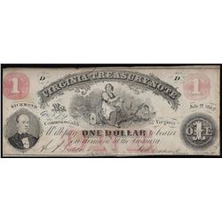 July 21, 1862 $1 Virginia Treasury Note Obsolete
