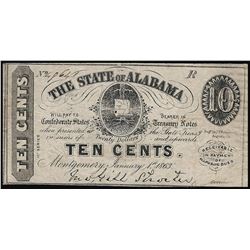 1863 Ten Cents The State of Alabama Obsolete Note - Pinhole