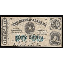 1863 Fifty Cents The State of Alabama Obsolete Note