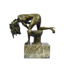 Modern Art Nude Girl On Toilette Bronze Sculpture on marble base Statue (12"X11")
