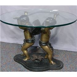 SMALL SCALE BRONZE DOUBLE CUPID TABLE WITH GLASS TOP