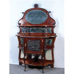 ANTIQUE HAND CARVED SIDEBOARD WITH BEVELED GLASS