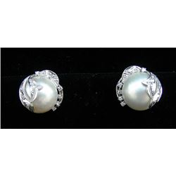 PAIR VINTAGE 18K WHITE GOLD, MABE PEARL AND DIAMOND