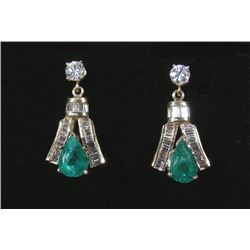 PAIR LADIES 14K YELLOW GOLD, EMERALD AND DIAMOND