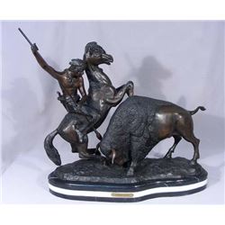 FINE LARGE BRONZE SCULPTURE "THE BUFFALO HUNT"