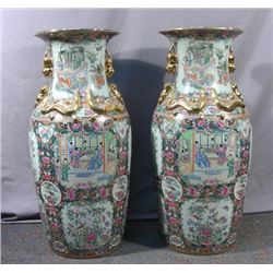 PAIR LARGE CHINESE PORCELAIN ROSE MEDALLION PALACE URNS