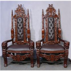 PAIR HAND CARVED AND LEATHER PALACE STYLE CHAIRS
