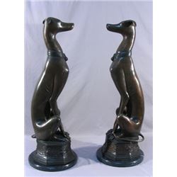 PAIR HEAVY BRONZE SEATED WHIPPET SCULPTURES