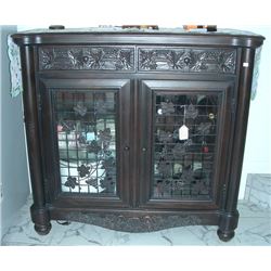 DECORATIVE HAND CARVED WOOD AND METAL WINE CABINET