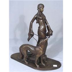 ART DECO STYLE BRONZE SCULPTURE OF GIRL WITH DOG