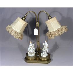 ANTIQUE BRASS AND PORCELAIN TWO LIGHT TABLE LAMP