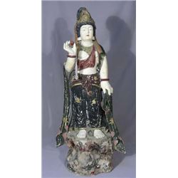 VINTAGE CHINESE CARVED WOOD AND HAND PAINTED QUAN YIN