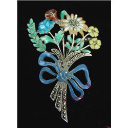 VINTAGE STERLING SILVER, ENAMEL AND MARCASITE BROOCH