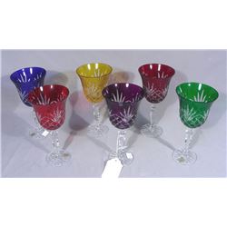 GROUP OF SIX EUROPEAN GEMSTONE COLORED CRYSTAL WINE