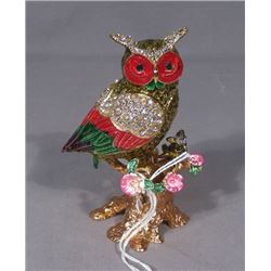 FINE ENAMEL AND RHINESTONE OWL TRINKET BOX