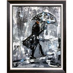 Janier Man with Umbrella City Scene Textured Contemporary Thick Texture