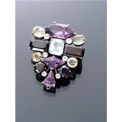 Retro Silver and Semi-Precious Stone Pendant Brooch, Circa 1940, Set with three multi-shape f...