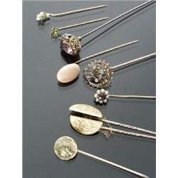 Group of Seven Victorian Art Nouveau and Art Deco Stick and Hat Pins, Late 19th to Early 20th C...