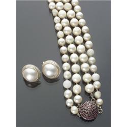 Group of 14-Karat Yellow Gold Cultured Pearl, Mabe Pearl and Ruby Jewelry, Consisting of: a dou...