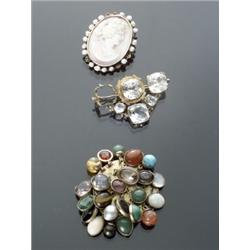 Three Victorian and Art Deco 14-Karat Yellow Gold Conch Shell and Semi-Precious Stone Brooches...