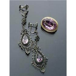 Edwardian Tested 10-Karat Yellow Gold Amethyst Brooch and a Pair of Victorian Filigree Silver and...