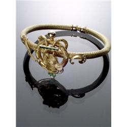 Victorian Tested 14-Karat Yellow Gold Emerald and Seed Pearl Bangle Bracelet, Last quarter 19th...