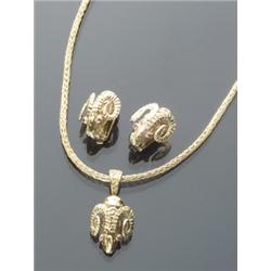 Greek 18-Karat Yellow Gold and Ruby Ram's Head Three Piece Ensemble, Zolotas, Consisting of: a...