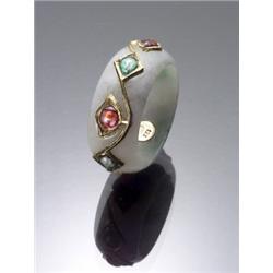 Contemporary Light Green to Onion Jadeite Jade 18-Karat Yellow Gold Foil Back Emerald and Ruby De...