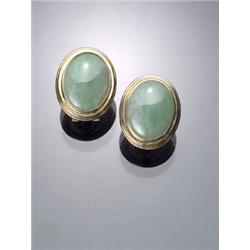 Pair of 14-Karat Yellow Gold and Light Apple-Green Jadeite Jade Earrings, Gumps, Each French cl...