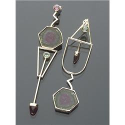 Pair of Contemporary 14-Karat Yellow Gold and Tourmaline Pendant Earrings, Each set with one ro...