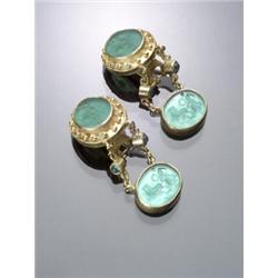 Pair of Contemporary 18-Karat Yellow Gold Designer Intaglio Foil Back Blue-Green Glass and Green...