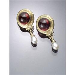 Pair of 18-Karat Yellow Gold, Garnet and Freshwater Pearl Pendant Earrings, Each set with one r...