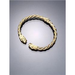 Greek 18-Karat Yellow Gold Twin Panther Head Cuff Bangle Bracelet, Possibly Ilias Lalaounis, We...