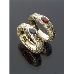 Pair of French 18-Karat Yellow Gold Blue Sapphire and Ruby Carousse Rings, Chaumet, Paris, One...