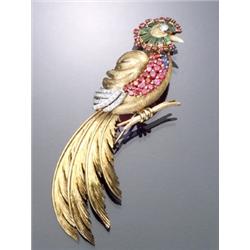 18-Karat Yellow Gold and Platinum Diamond, Emerald, Synthetic Ruby and Sapphire Tropical Bird Cli...