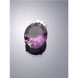 14-Karat Yellow Gold and Platinum Amethyst and Diamond Pendant, The four-prong mount set with o...