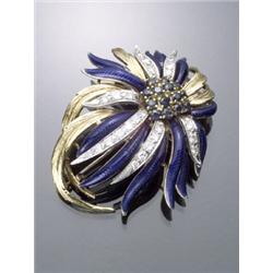 Italian 18-Karat Yellow Gold and Platinum, Diamond, Blue Sapphire and Blue Enamel Floral Spray Br...