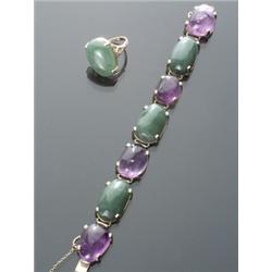 14-Karat Yellow Gold Aventurine Quartz and Amethyst Two Piece Ensemble, Consisting of: a flexib...