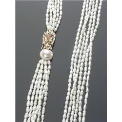 Opera Length Fresh Water Pearl, Mabe Pearl, Diamond and Ruby Necklace, Having six individual st...