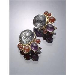 Pair 18-Karat Yellow Gold, Rutile Quartz, Amethyst and Carnelian Clip-Back Earrings, Each set w...