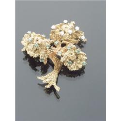 European 18-Karat Yellow Gold and Platinum Emerald and Diamond Tree Brooch, Set with six round...