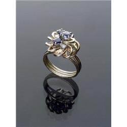 14-Karat Yellow Gold, Blue Sapphire and Diamond Dinner Ring, Set with three oval faceted sapphi...